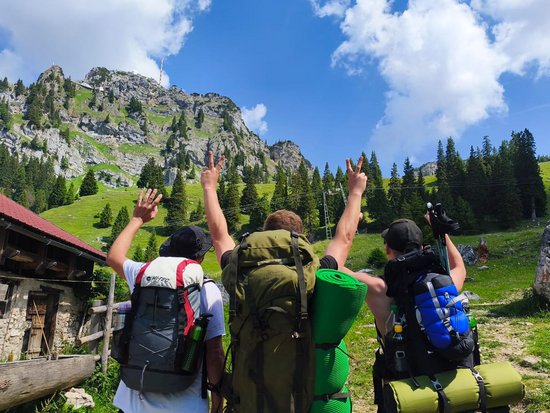 Drei Wanderer mit Rucksäcken stehen mit dem Rücken zur Kamera und heben die Arme in die Luft. Sie blicken auf eine grüne Berglandschaft mit Fichten und felsigen Gipfeln unter blauem Himmel. Links steht eine Berghütte.